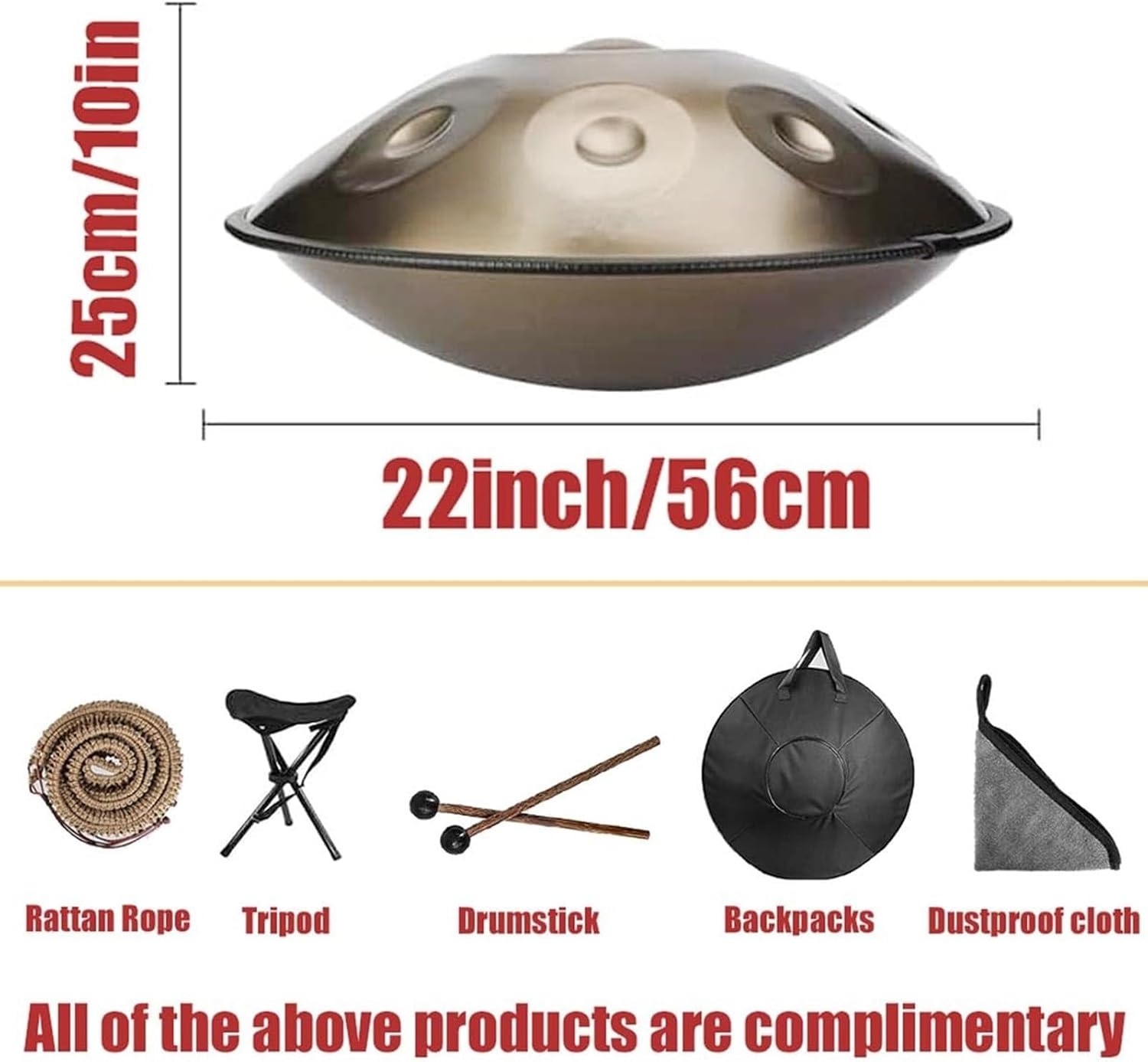 22 Inch Steel Hand Pan Percussion Instruments, D Minor 9/10/12 Notes Hand Pan Drum For Adults And Kids, 432Hz Harmonic Percussion Instrument With Handpan Case And Mallets(Gold,12 notes)