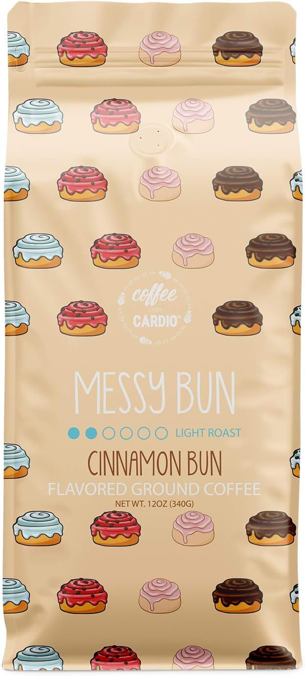 Coffee Over Cardio Messy Bun Cinnamon Bun Flavored Ground Coffee, High-Grade Aribian Light Roast Coffee Grounds (12 oz)