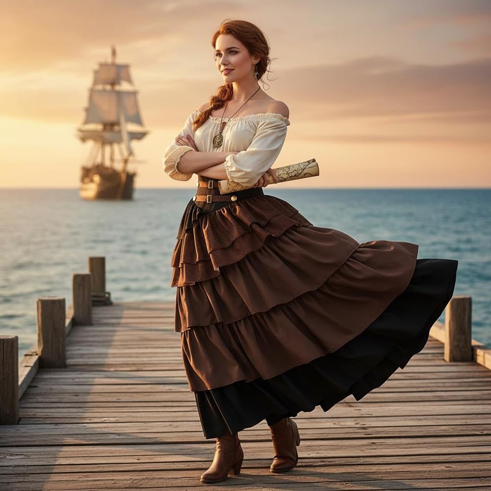 Wiktoriańska gotycka spódnica z falbanami, damska spódnica do cosplay, pirata, steampunk, kostium na renesansowe targi, koncerty halloweenowe