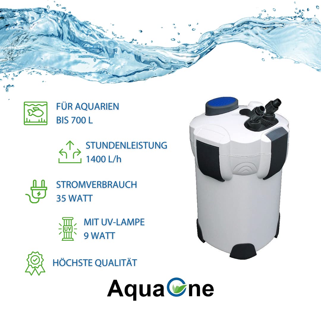 AquaOne Aquarium Außenfilter HW-303B 1400 L/h I Hochwertiger Filter inkl. 9 Watt UVC Lampe für Aquarien bis 700 Liter I Pumpe mit Filtermedien für Süßwasser und Meerwasser Becken