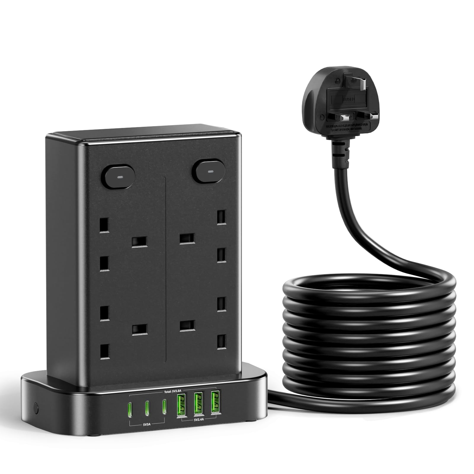 Tower Extension Lead with USB C Slots, 12 Way Multi Plug Socket Extension with 6 USB Ports, Overload Protected Extension Lead with 4 Switch Tower Extension Cable 1.8m for Home Kitchen Office — view 11