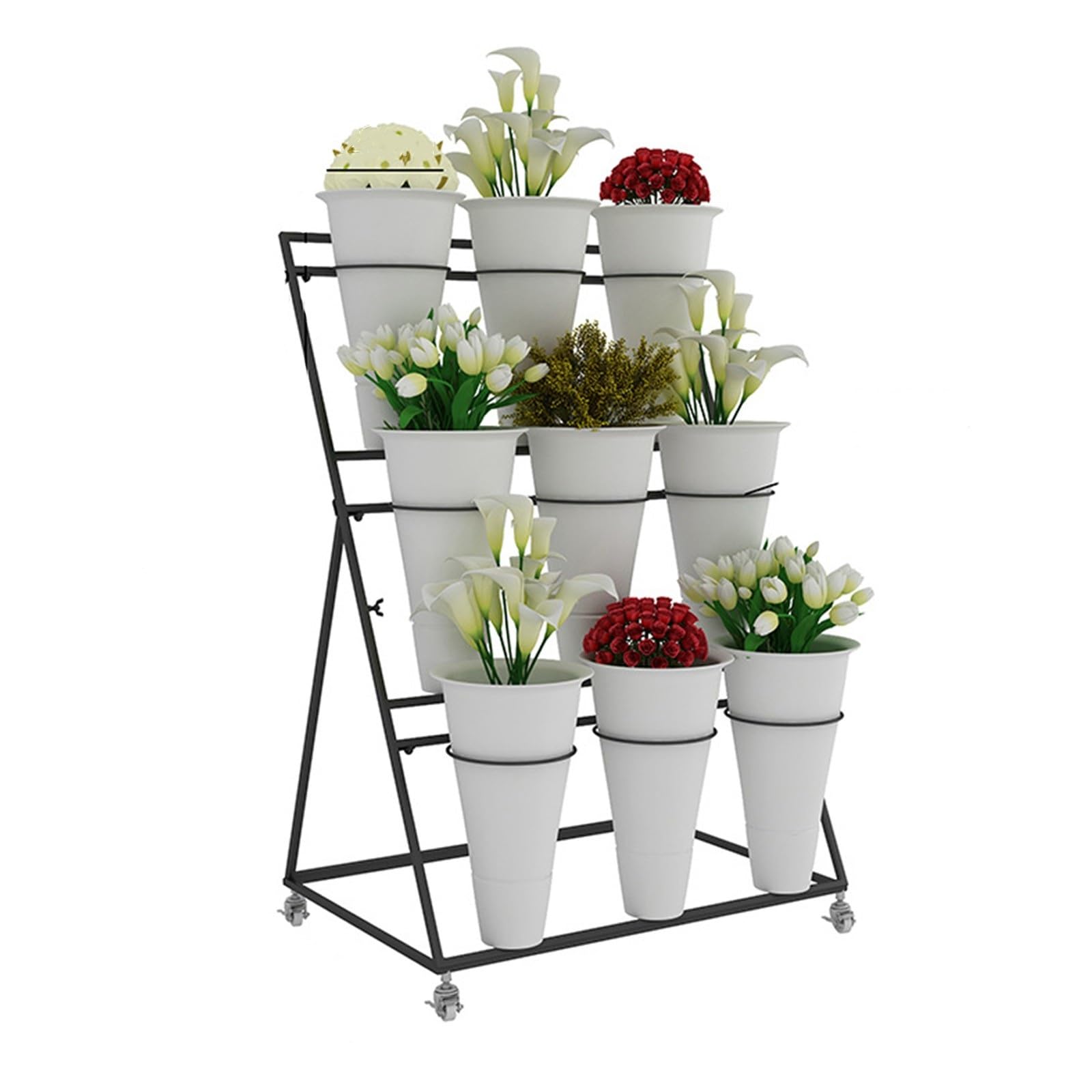 YUANCHUTOP 3-Tier Metal Plant Stand with 9 Pots & Lockable Wheels - Versatile Flower Display Cart for Indoor/Outdoor Use, Ideal for Florists & Garden Enthusiasts