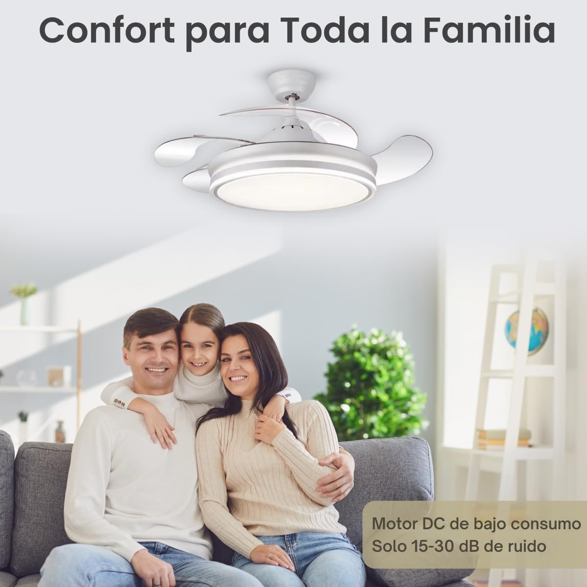 LUMIKING Ventilador de Techo con Luz LED 72W – Motor DC Silencioso – Aspas Retráctiles – 6 Velocidades, Luz Cálida, Día y Fría (3000K-6500K) – Temporizador – Ø109 cm, Mando Incluido