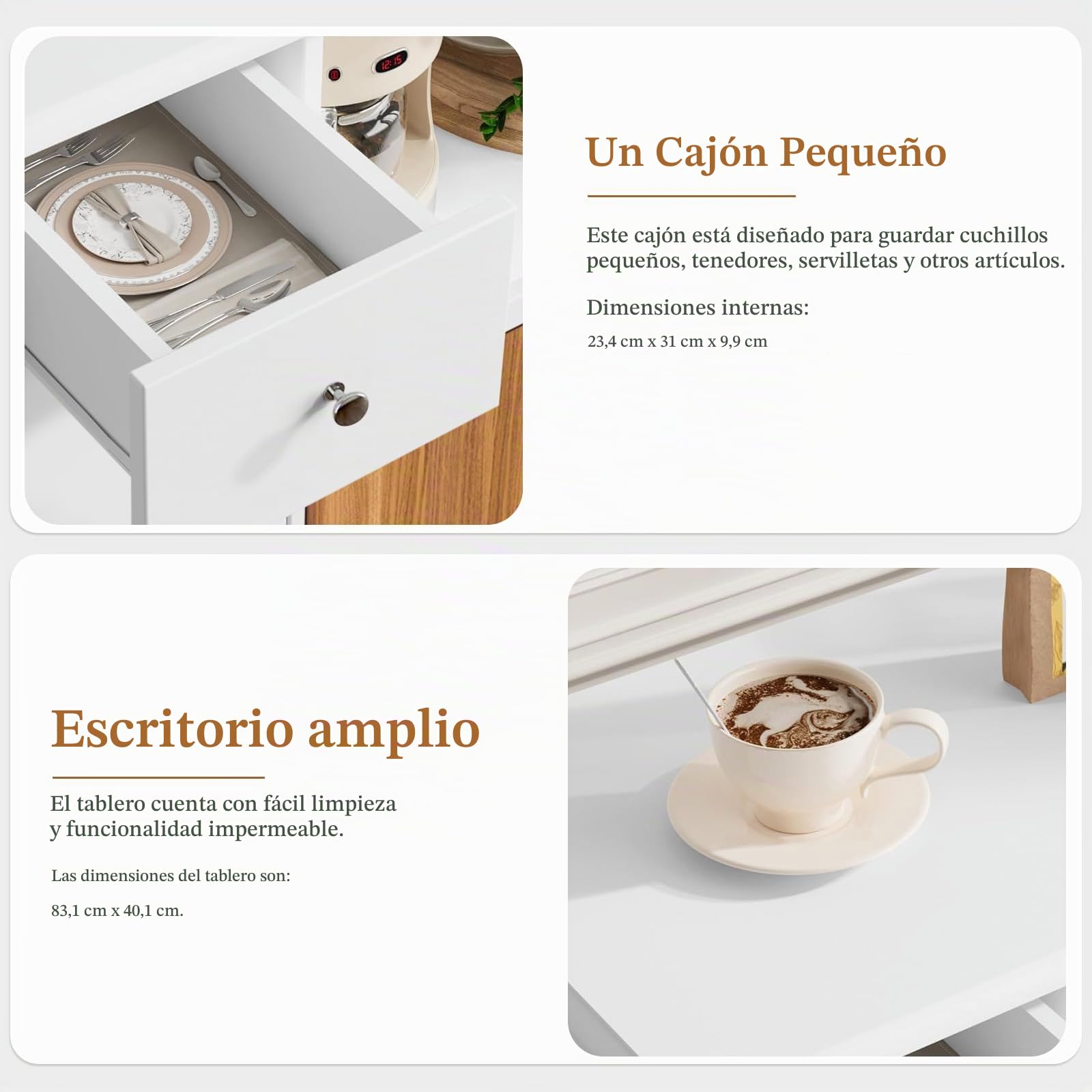 Aparador de Cocina con 3 Puertas, Cajón y Estante para Microondas | Mueble de Almacenaje, Blanco y Madera Natural, 83 × 40 × 80 cm