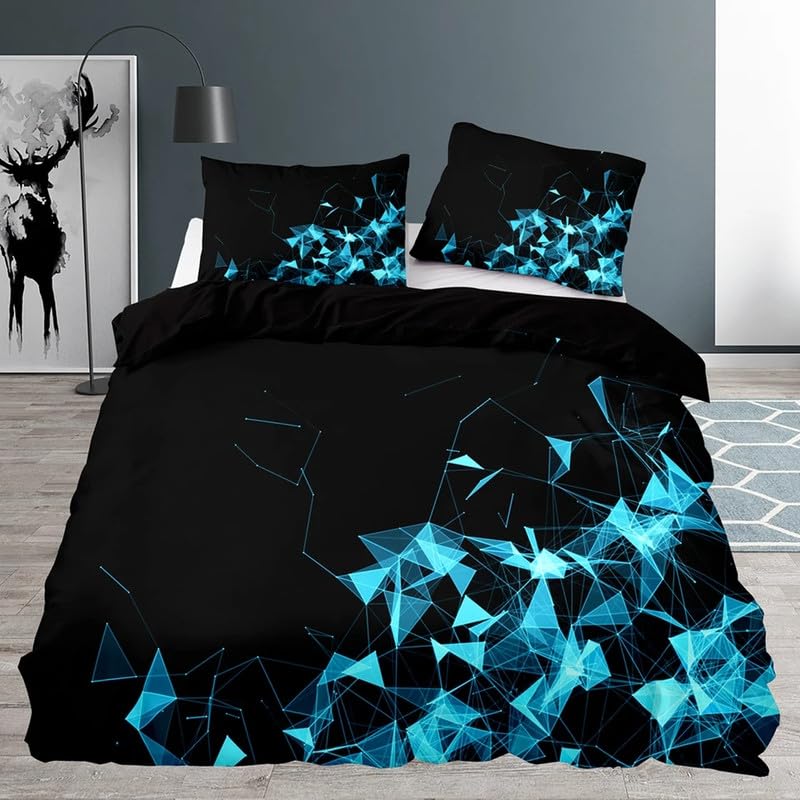 Housse de couette 240x260 microfibre bleu avec parure de lit motif géométrique 110g/㎡