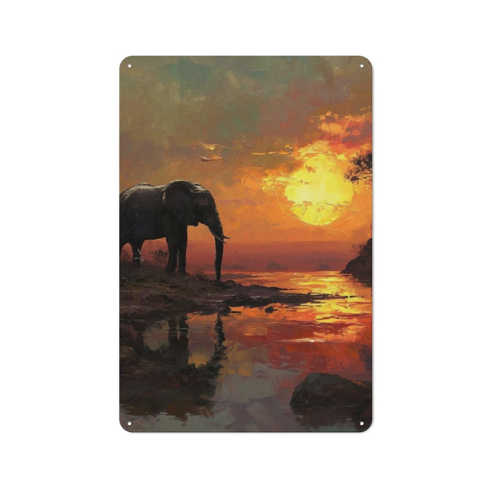 Junmoney Elephant Sunset Metal Wall Sign 30X20cm Featuring For Garage Or Workshop, For Vintage Wall Decor Fans, For Metal Sign Collectors