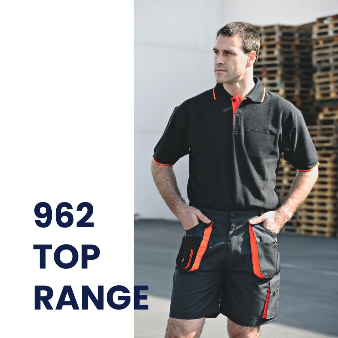 Juba Pantalón Corto Multibolsillos 65% poliéster/35% algodón, Negro con Detalles Naranjas