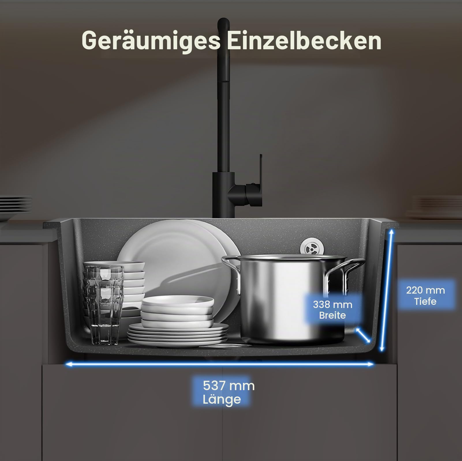 Granit Küchenspüle 60×45cm mit rollbarem Geschirrtrockner & Ablaufgarnitur,Rechteckiges 1-Becken Spülbecken aus Quarz,kratzfest & hitzebeständig,für Unterschränke ab 45cm(NHSC60102SMB)