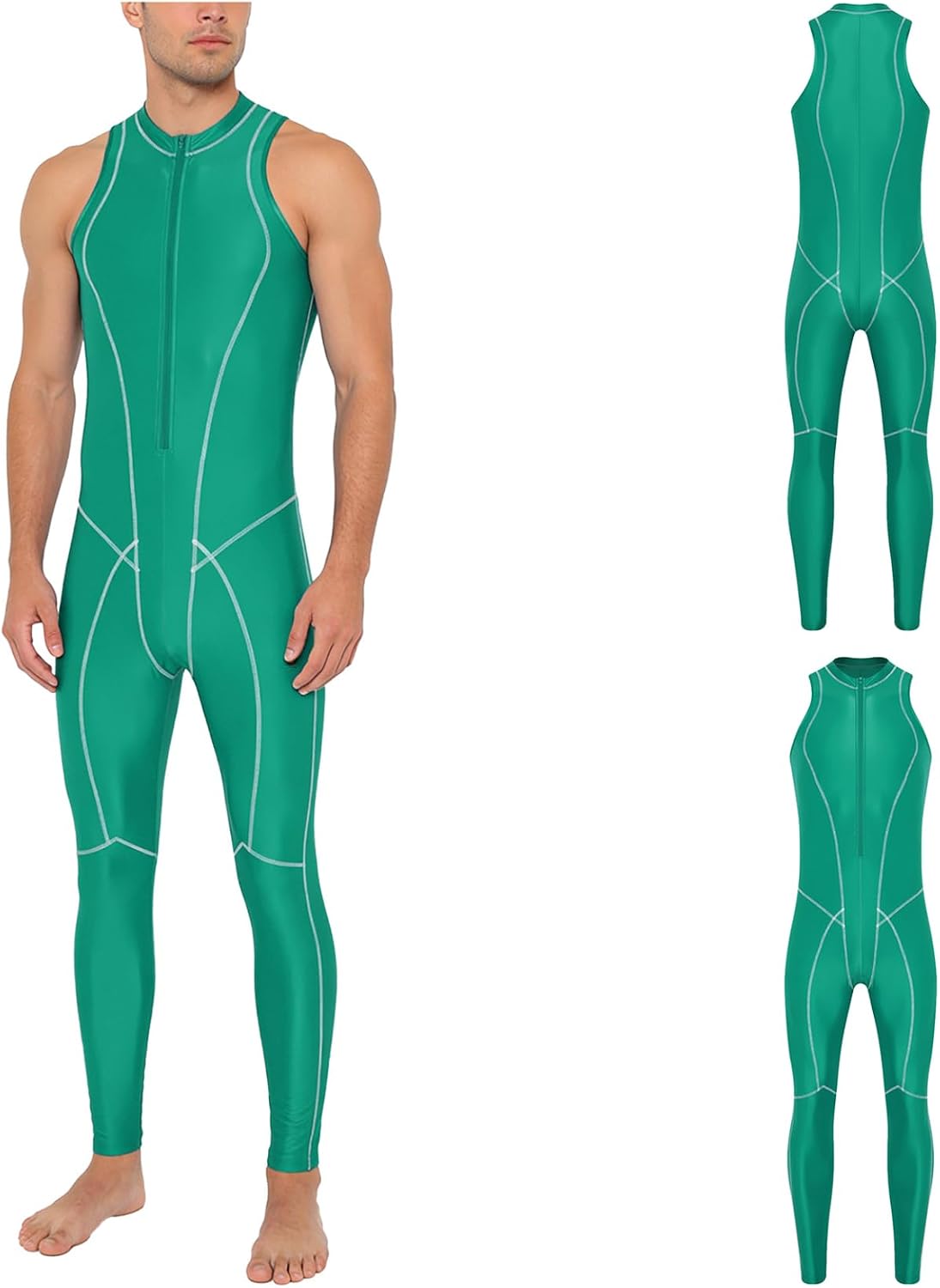 Oil Silky Bodysuit for Men Glossy Jumpsuit for Men Shiny Satin Glossy Zipper Front Clubwear Beachwear Green X-Large