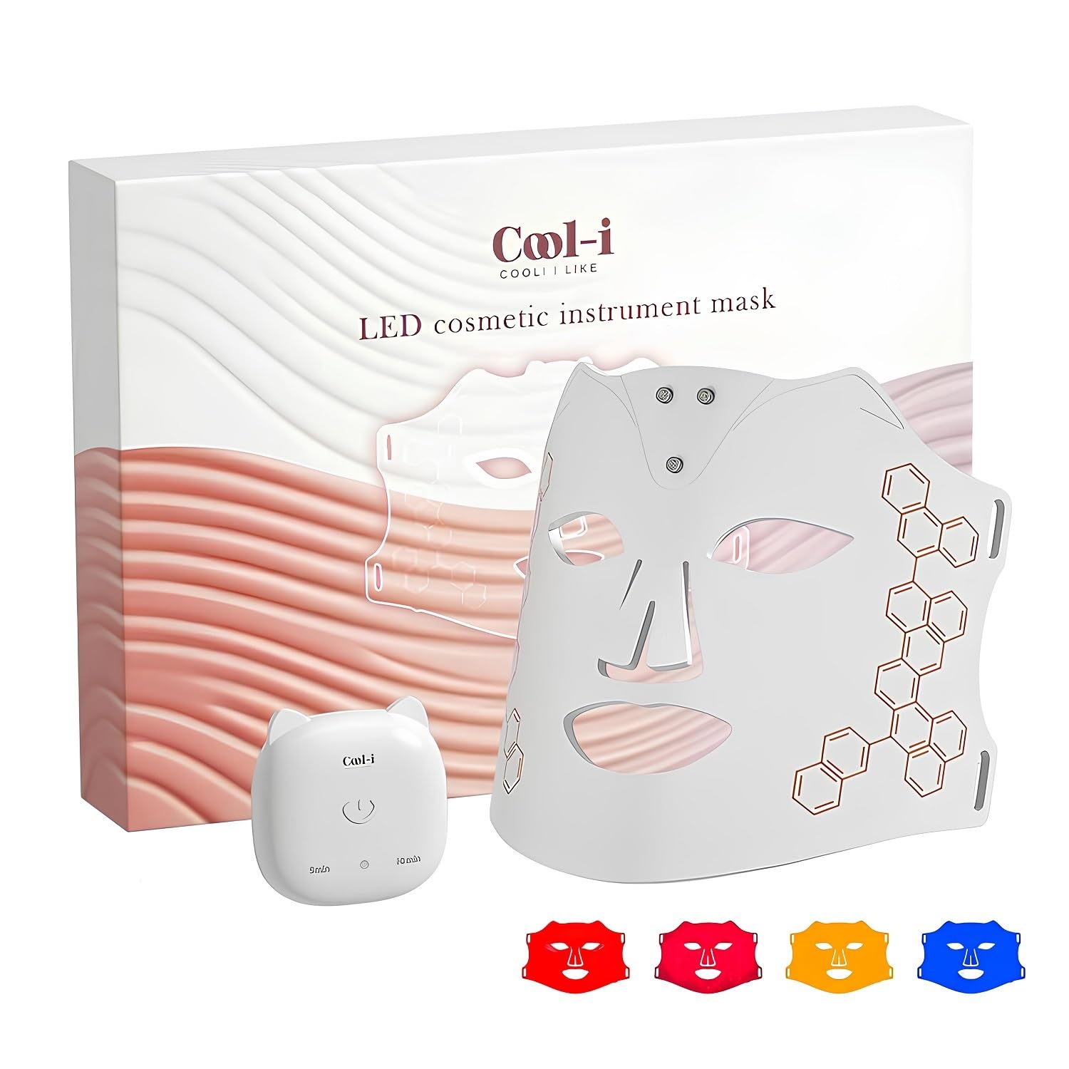 Cool-i ® LED-Gesichtsmaske mit 4 Lichtfarben – Kabellos, tragbar – Für ergänzende Hautpflege mit Rot-, Blau-, Infrarot- & Gelblicht – Aus Silikon, 10-Minuten-Timer,FDA/HSA