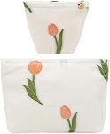 getgto 2 Pcs Makeup Bags, Large Cosmetic Bag Travel Toiletry Bag Organizer for Women, Embroidery Craft, Floral Cosmetic Pouch Purse with Zipper, Blue