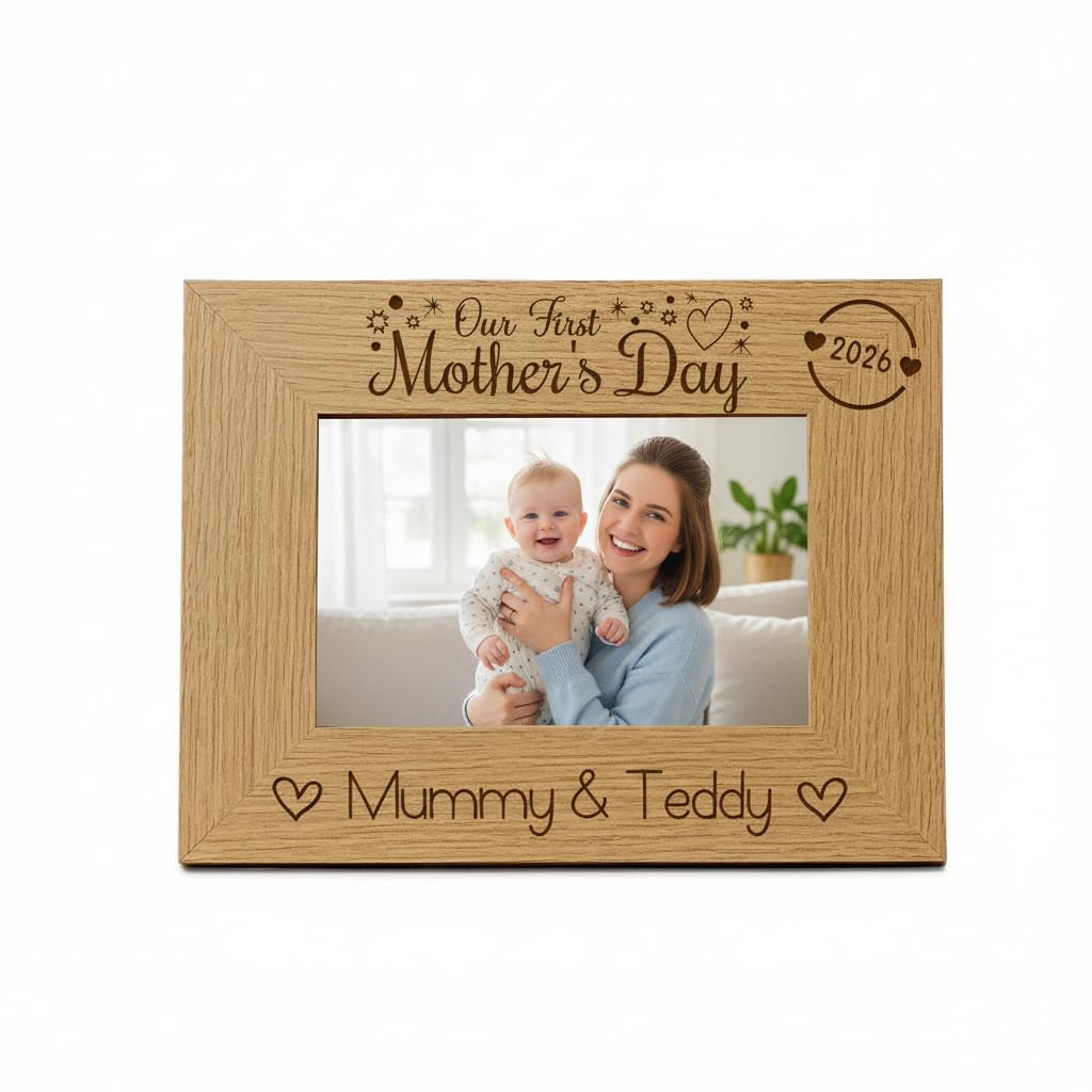 Ukgiftstoreonline Brown Personalised Our First Mothers Day Photo Frame Oak Wood Finish Landscape (5 X 7 Inch)