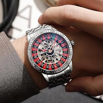 Luxury Skeleton Automatic Watch, Stainless Steel Band, Roulette Style Dial , Silver, Luxury Business