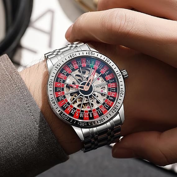 Luxury Skeleton Automatic Watch, Stainless Steel Band, Roulette Style Dial , Silver, Luxury Business