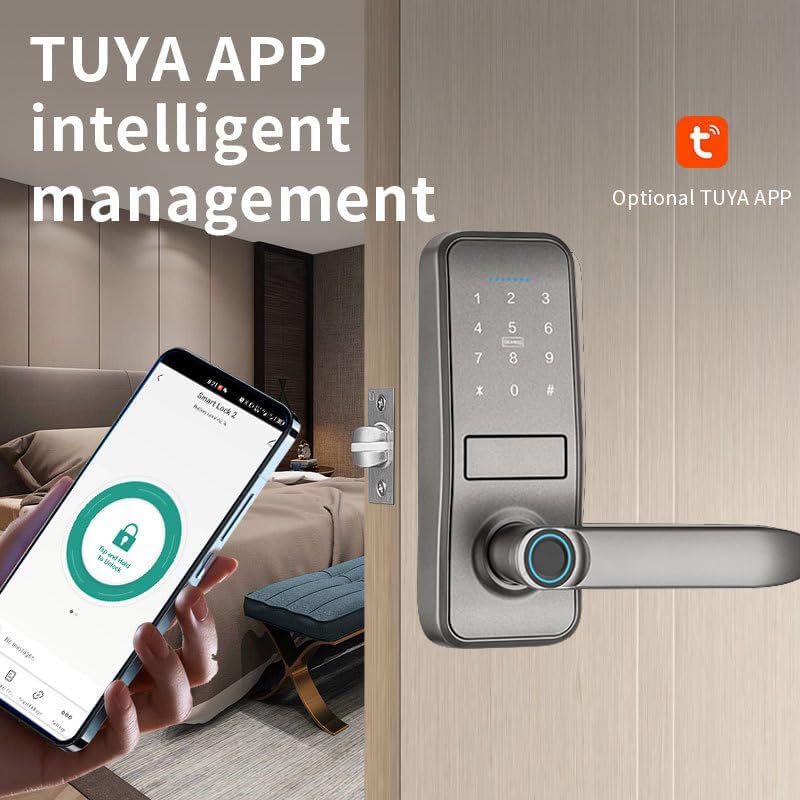 Miniatura 2 de Cerradura inteligente, cerradura de puerta de entrada sin llave con elegante mango negro mate, cerrojo de teclado electrónico, teclado de huellas