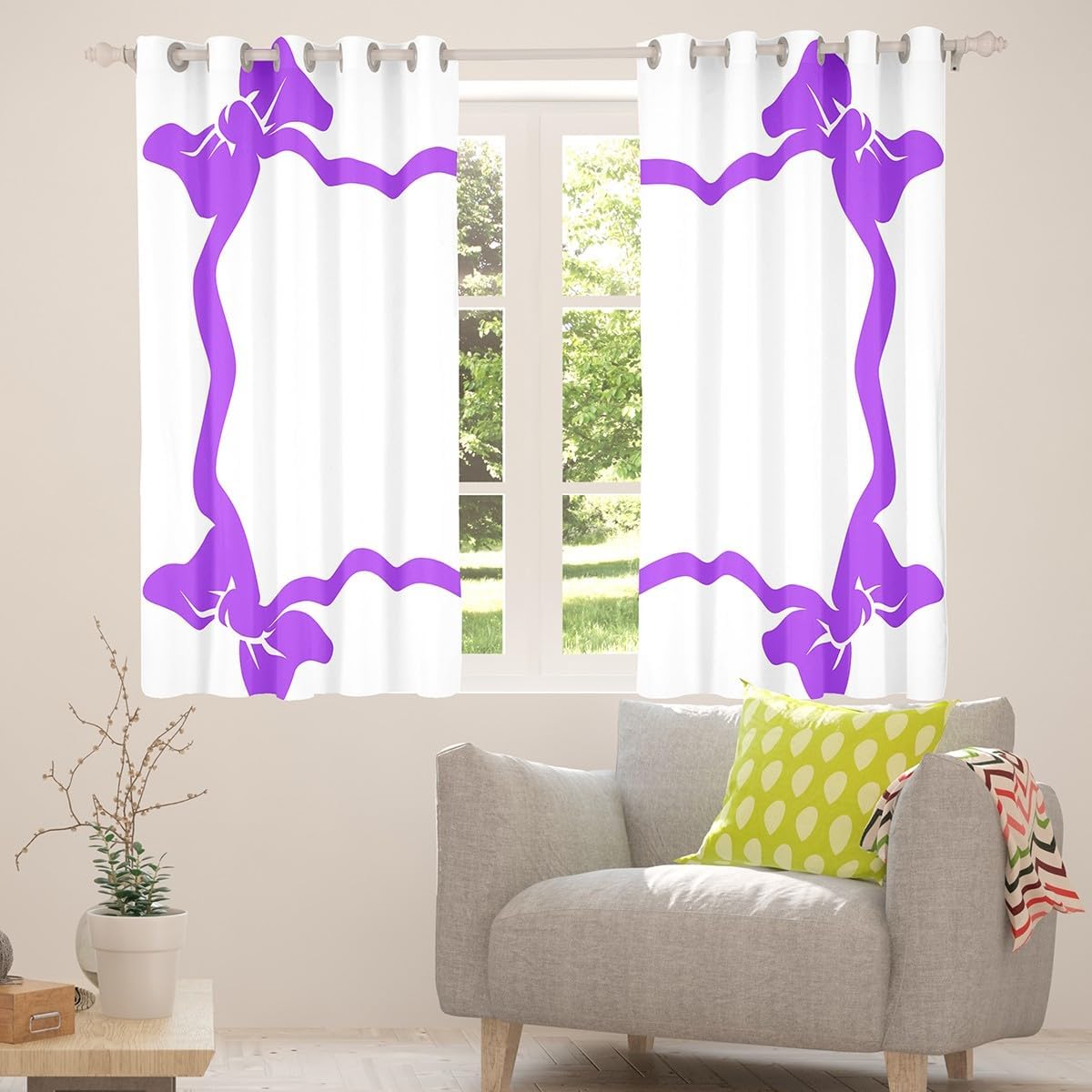 Purple Bowknot Kids Blackout Curtains,Bow Tie Romantic Princess Cute Window Drapes for Girls Women,Geometric Abstract PatchworkWhite Simple Window Treatments Grommet Top 2 Panel Set,52Wx90L inch