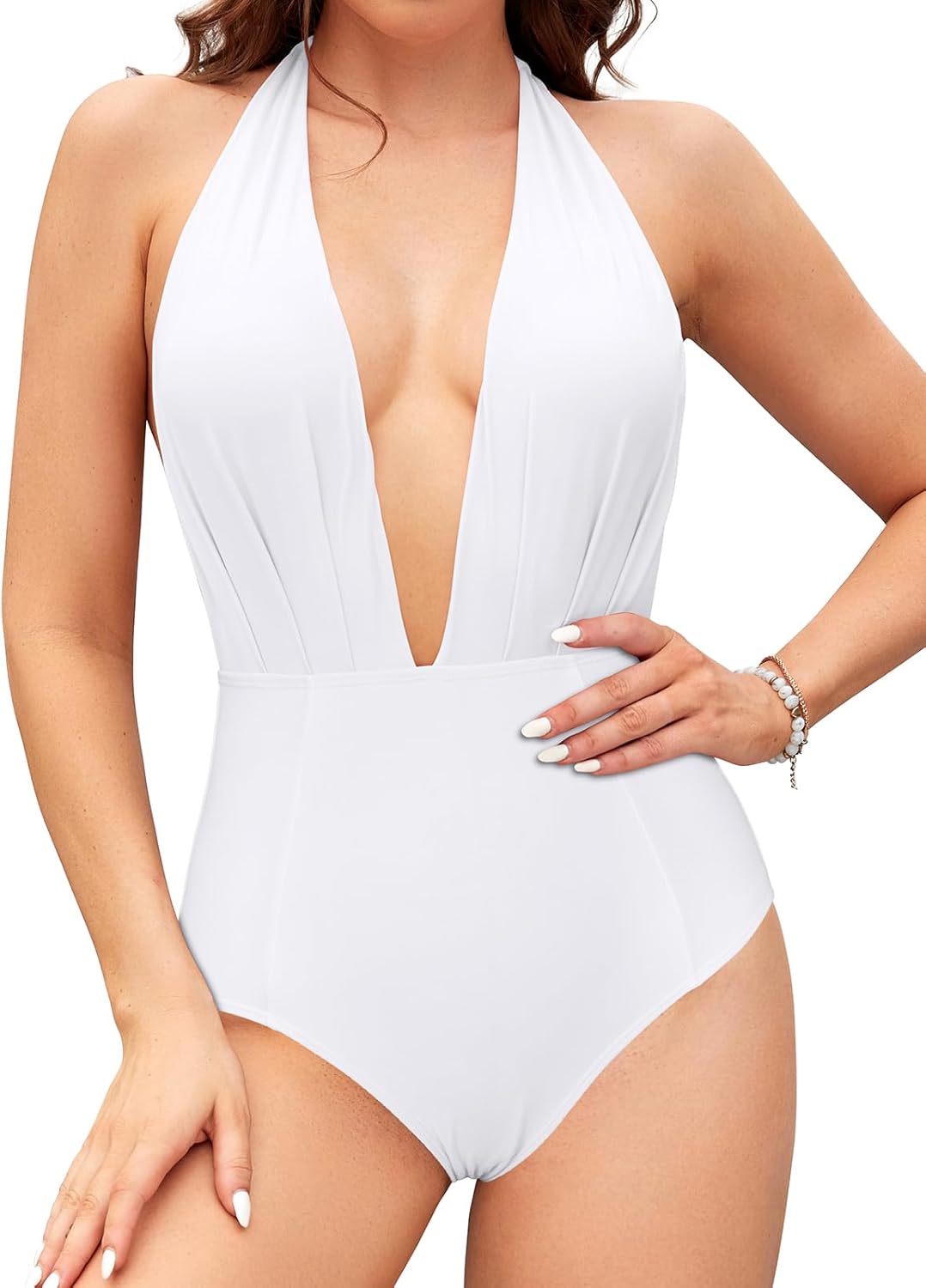 SHEKINI Women's Retro Deep V-Neck Bathing Suit Backless High Waisted One Piece Swimsuit