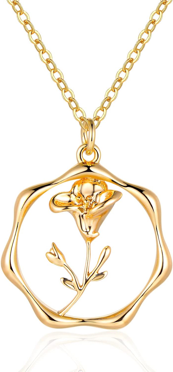 Gold Necklace for Women Layered Birth Flower Necklaces 18K Gold Plated Custom Birth Month Floral Necklaces Paperclip Chain Necklace Women Anniversary Birthday Gifts for Women