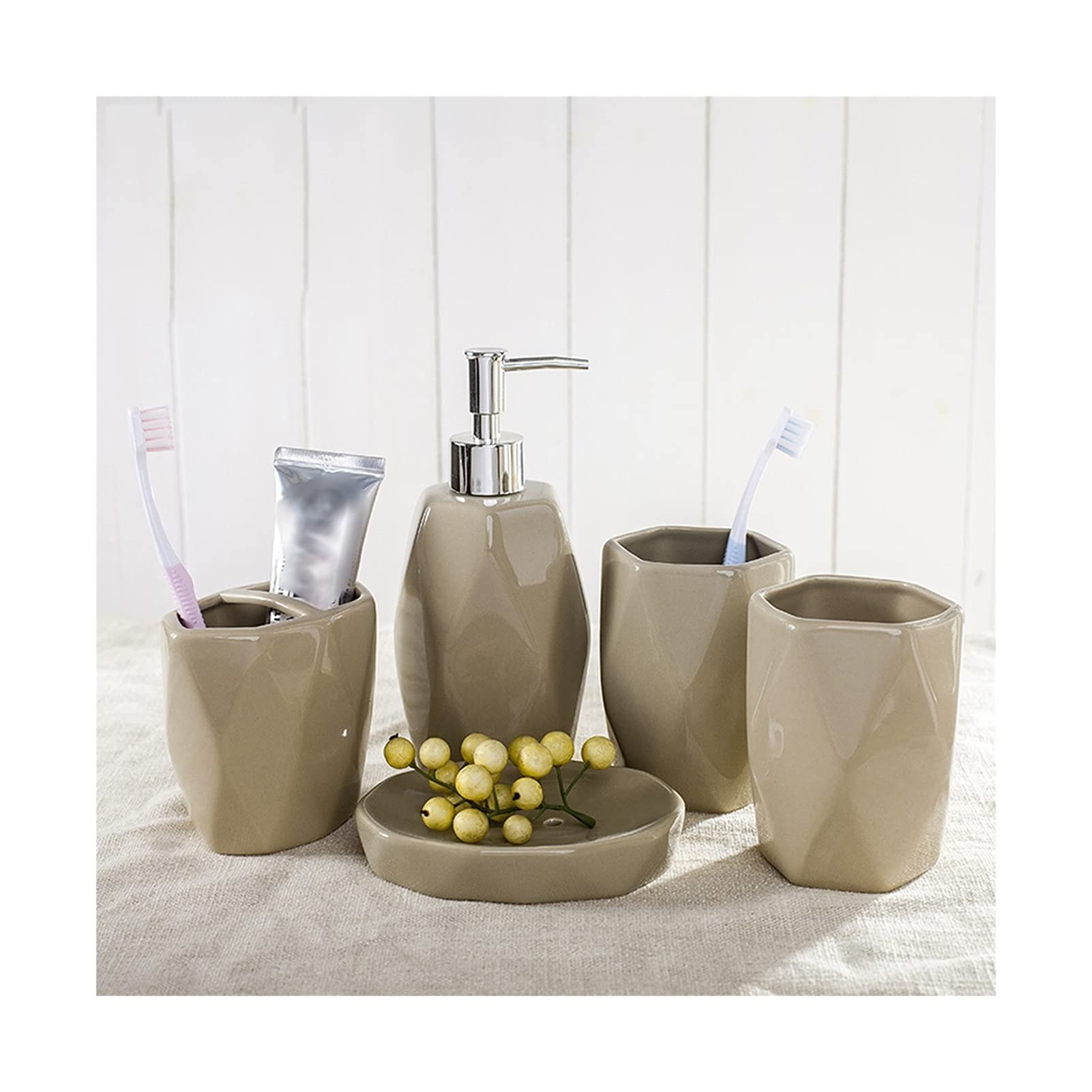 Zestaw 5-częściowy dozownika do mydła ceramicznego do domu i łazienki: butelka z balsamem/kubeczek do płynu do płukania ust/uchwyt na szczoteczki do zębów/mydelniczka (w kształcie diamentu) (kolor: