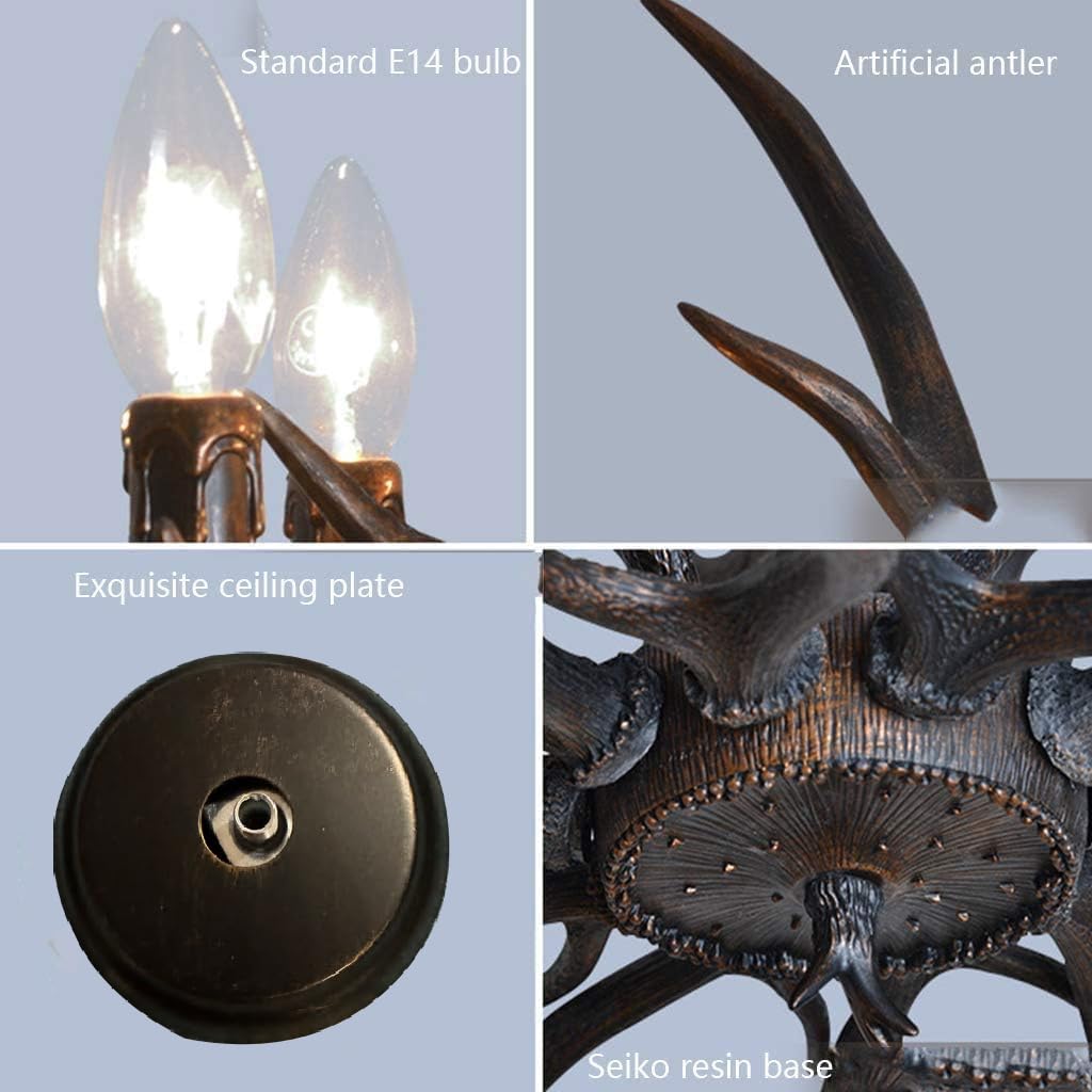 Vintage Pendelleuchte Esstischlamp American Ländliche Kronleuchter E14 Resin Geweihe Hängeleuchte Schwarzer Lampenschirm Hängelampe Retro Leuchte Bar Wohnzimmer Cafe Esszimmer Deckenlampe ,6 heads