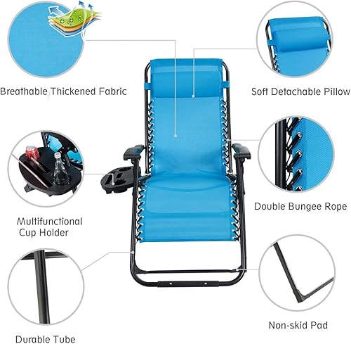 Miniatura 5 de DORTALA Juego de 2 sillas de gravedad cero, silla de campamento reclinable con portavasos y reposacabezas desmontable, silla de campamento