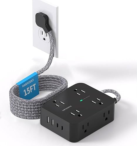 Vista 28 de HANYCONY - Cable protector de sobretensiones de 10 pies, cable de extensión con 2 puertos USB C, extensor de salida múltiple con enchufe plano