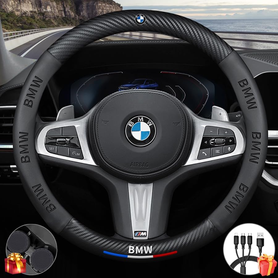 Customized Steering Wheel Cover Compatible with BMW, Nappa Leather & Carbon Fiber Design, Includes 2 Non-Slip Coasters and USB Fast Charging Cable (Black)