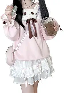かわいい オフショルダー パーカー 猫柄 レディース 量産型 学院風 サブカル系 リボン ゆるい 長袖 カジュアル 柔らかい おしゃれ 学生 体型カバー スウェット 切り替え 春秋 姫系