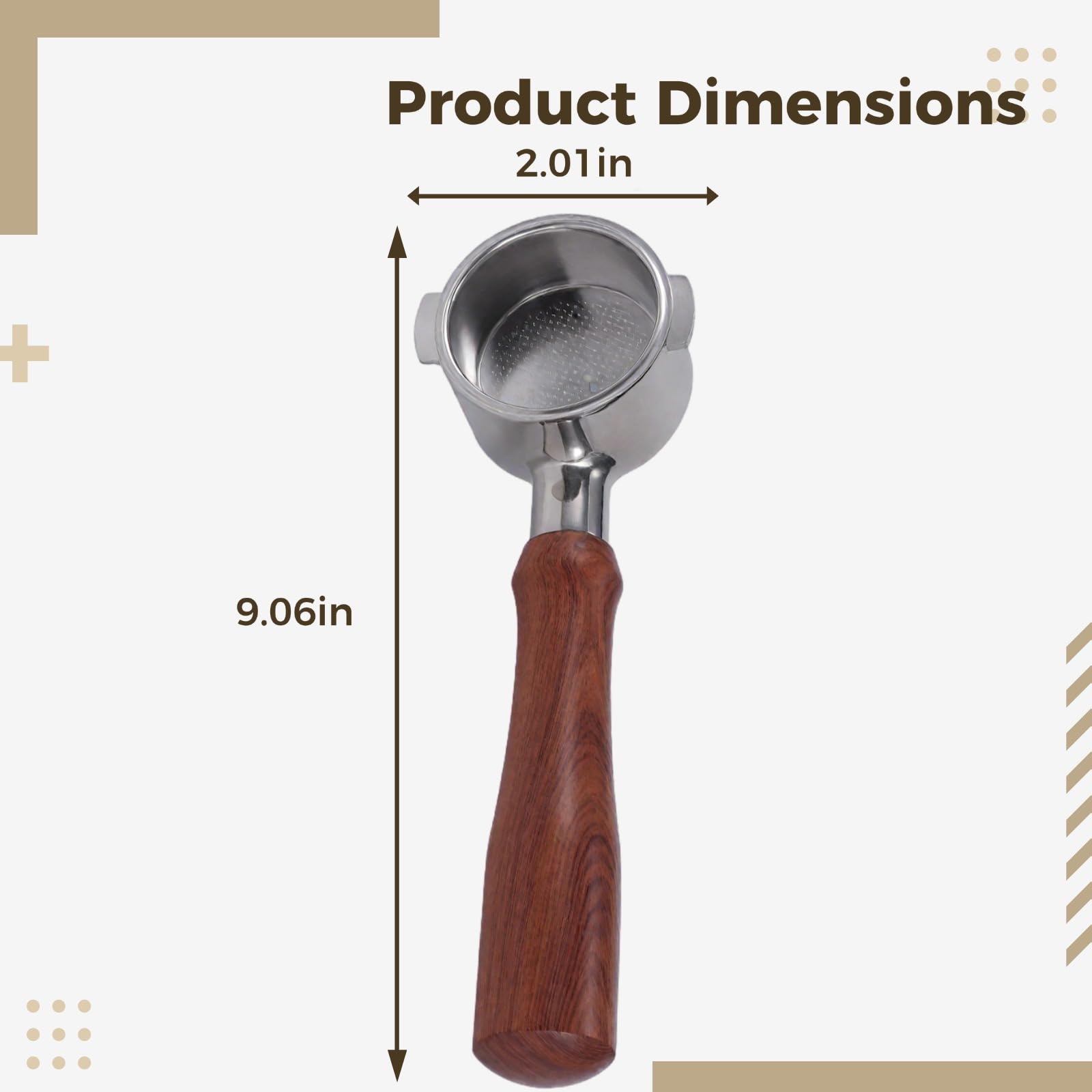 Portafiltro senza fondo da 2 pollici per De'Longhi, manico per caffè a 2 orecchie in acciaio inox con impugnatura in legno, doppio cestino e schermo diffusore inclusi, lunghezza 9.1 in / 23 cm