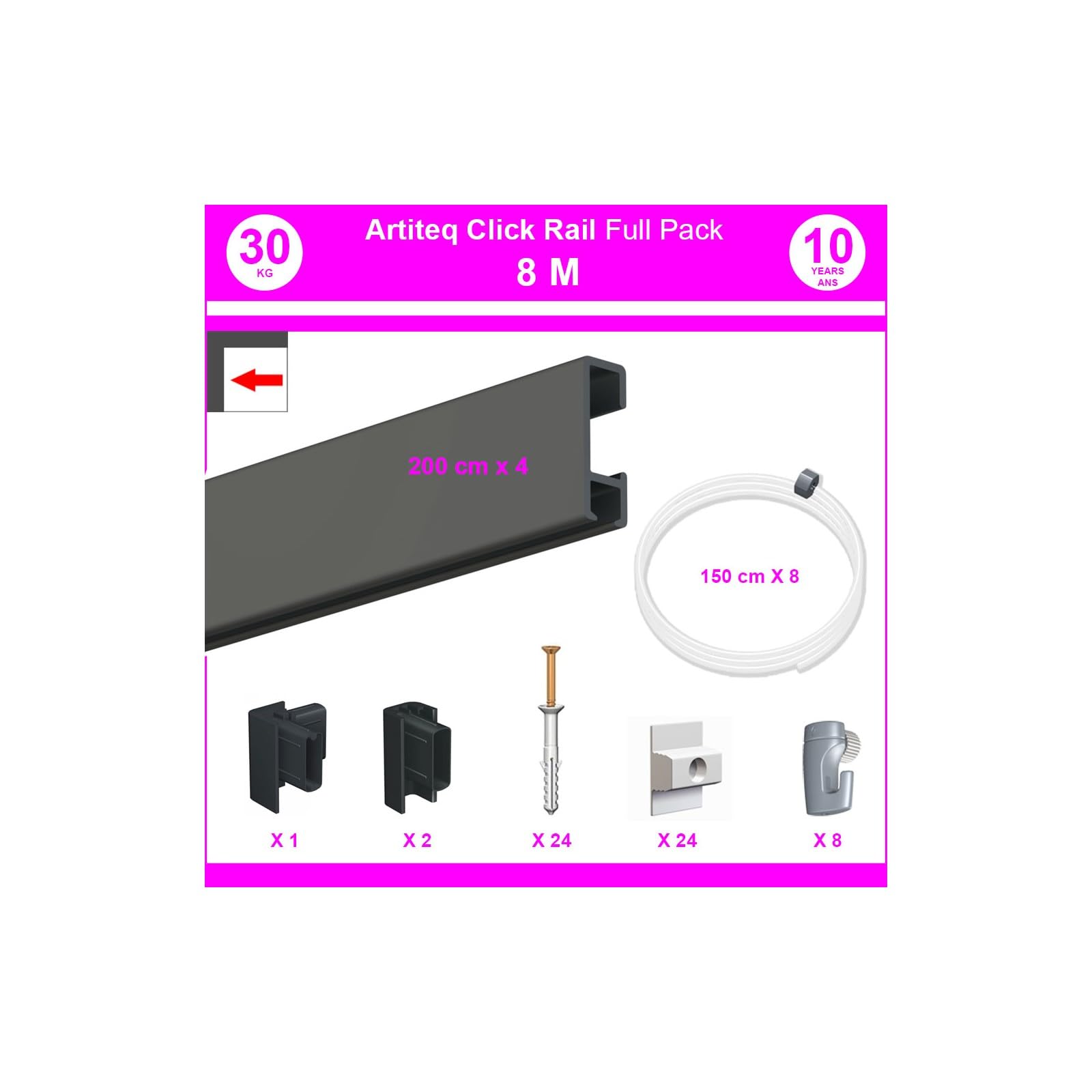 Arti Teq - Pack Eco 8 mètres de cimaise Click Rail couleur Noir - Solution suspension cadres et tableaux - Noir