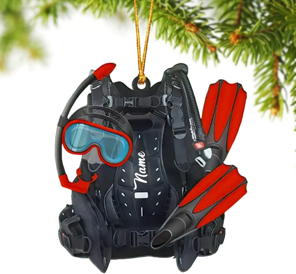 Personalized Scuba Diving Christmas Ornament, Custom Name Acrylic Flat Holiday Decoration for Diving Lovers, Unique Scuba Diver Ocean Theme Xmas Tree Ornament Gift for Snorkelers, Divers, 1