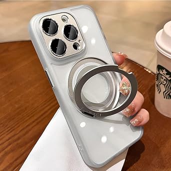 Magnetic Ring Case for iPhone 16 Pro Max Case Clear 360 Rotatable Ring Holder Compatible with MagSafe Built-in Camera Lens Protector Case Cover for iPhone 16 ProMax,White