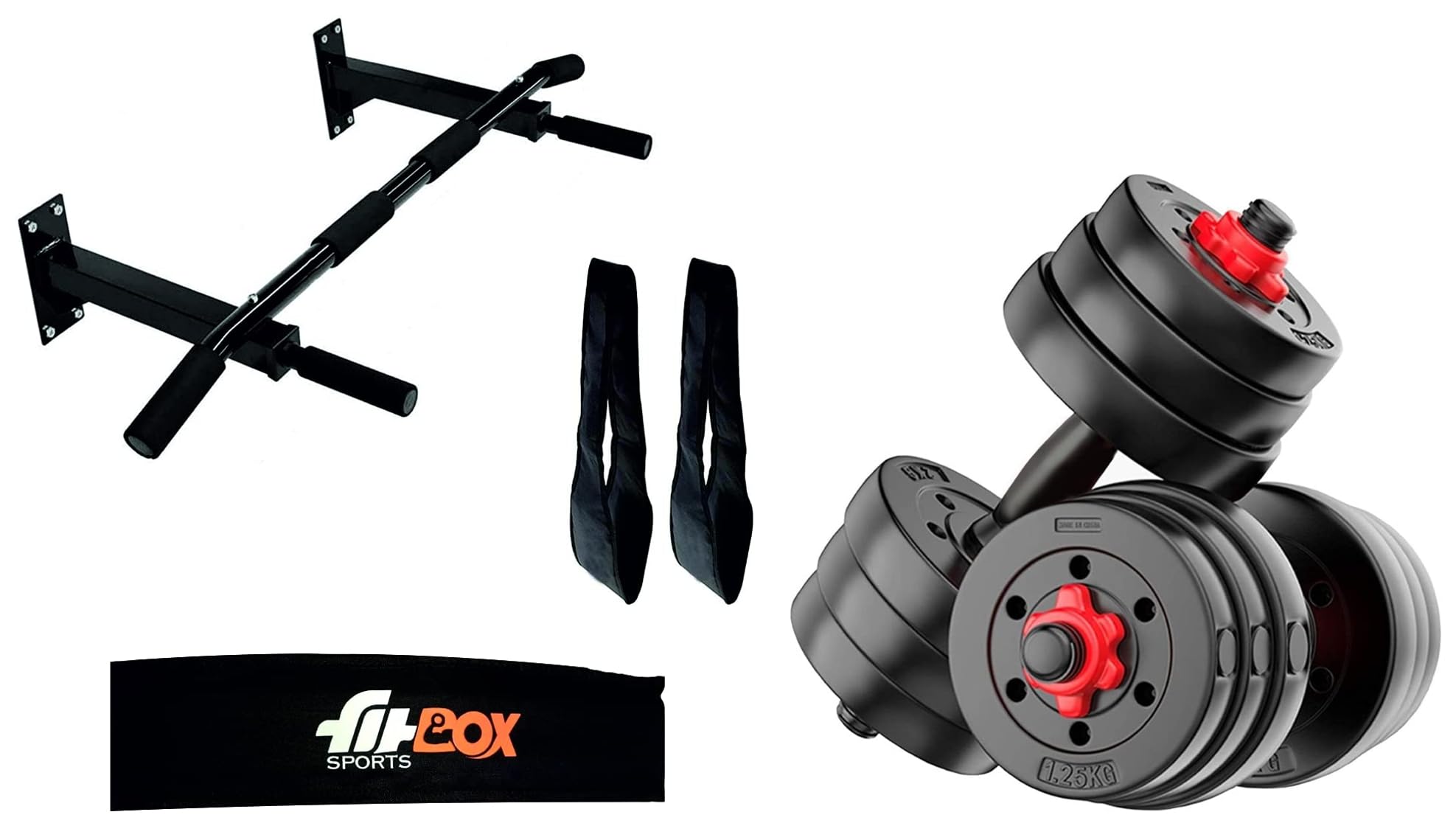 FitBox Sports Intruder 20 Kg Adjustable PVC Dumbbells Weights With Dumbbells Rods, 10 Kg X 2 (Black) & FitBox Sports Wall Mounting Chin Up Bar, Pull Up Bar & Ab Straps Combo (B0CDGYLSDK) Amazon Price History, Amazon Price Tracker