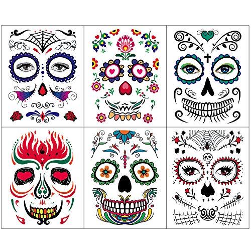 6 Pack Day of The Dead Face Temporary Tattoo Halloween Makeup Sugar Skull Spider Web Red Rose Flower Tattoo Stickers for Men and Women Party Favor Supplies