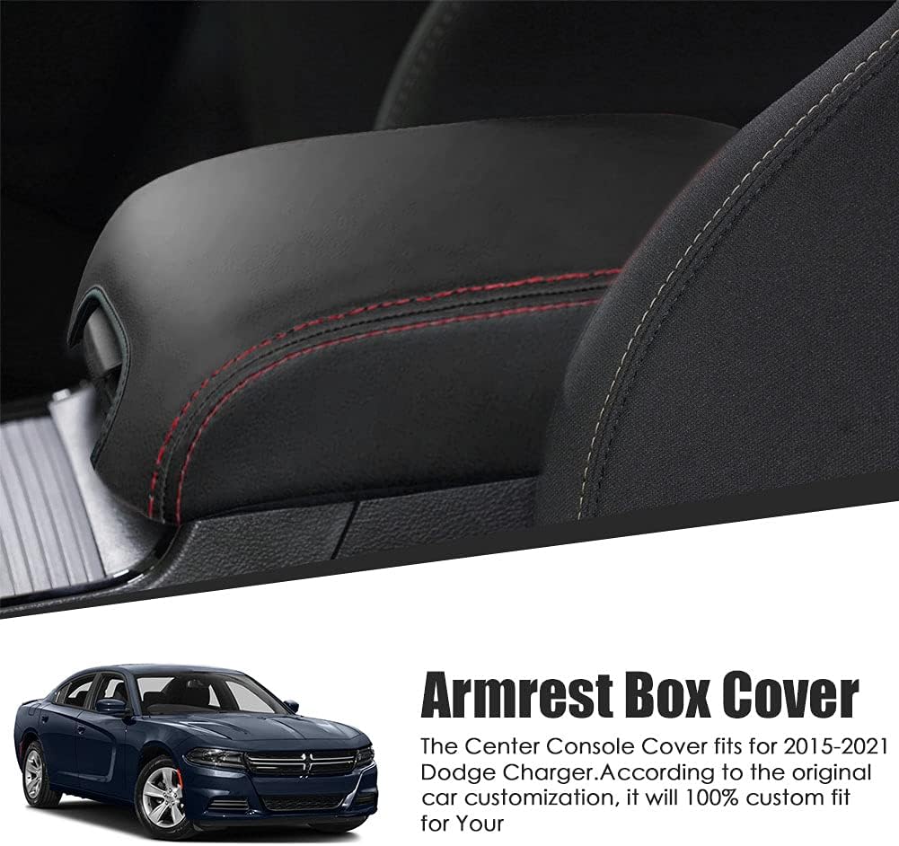 sportuli Center Console Cover Anti-Scratch Leather Armrest Cover Replace for 2011-2023 2024 Dodge Charger Chrysler 300 300C (Red Stitches)