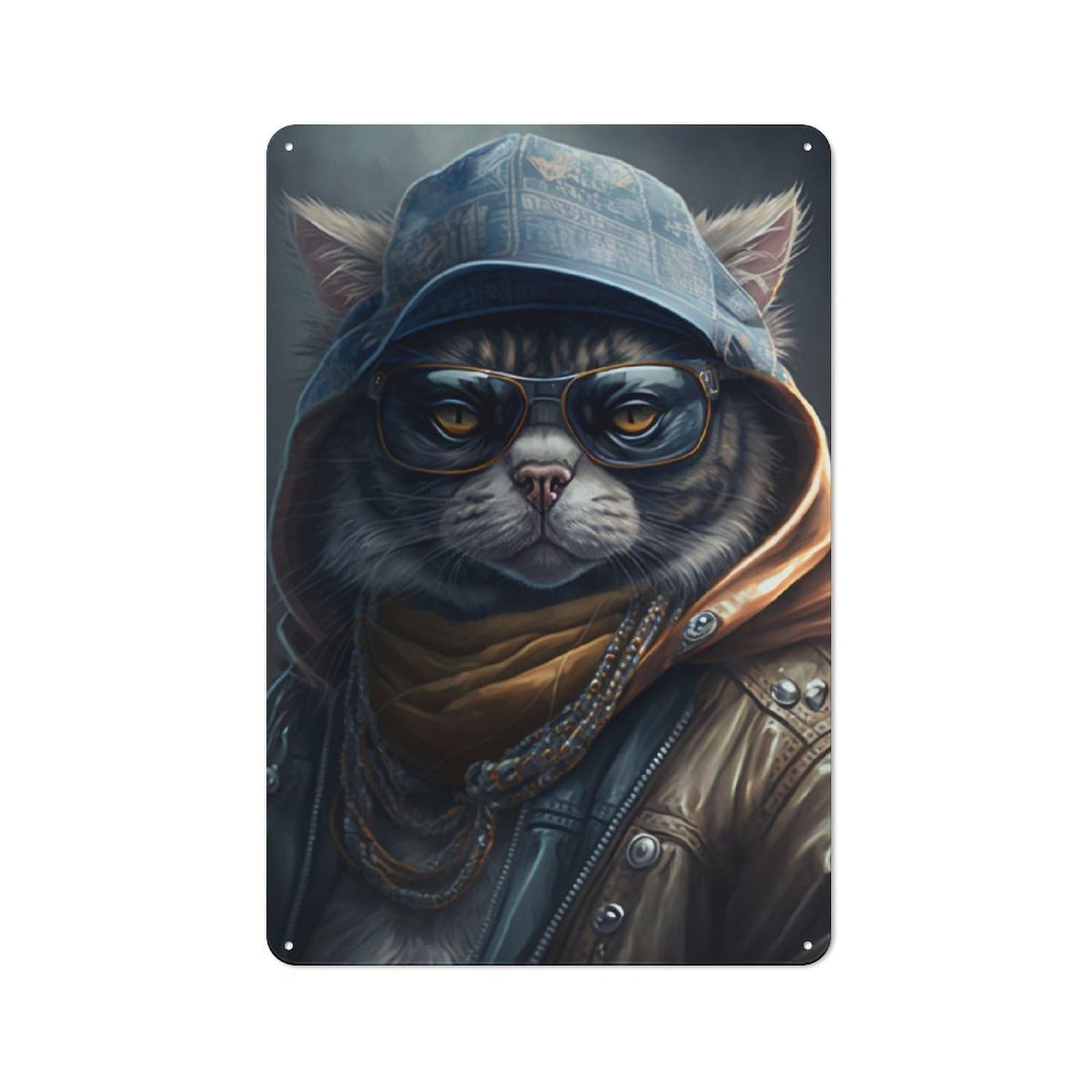 Metal Wall Sign 30x20cm Featuring Rapper Cat with Glasses for Café Or Home Bar, for Metal Sign Collectors, for Garage And Workshop Walls