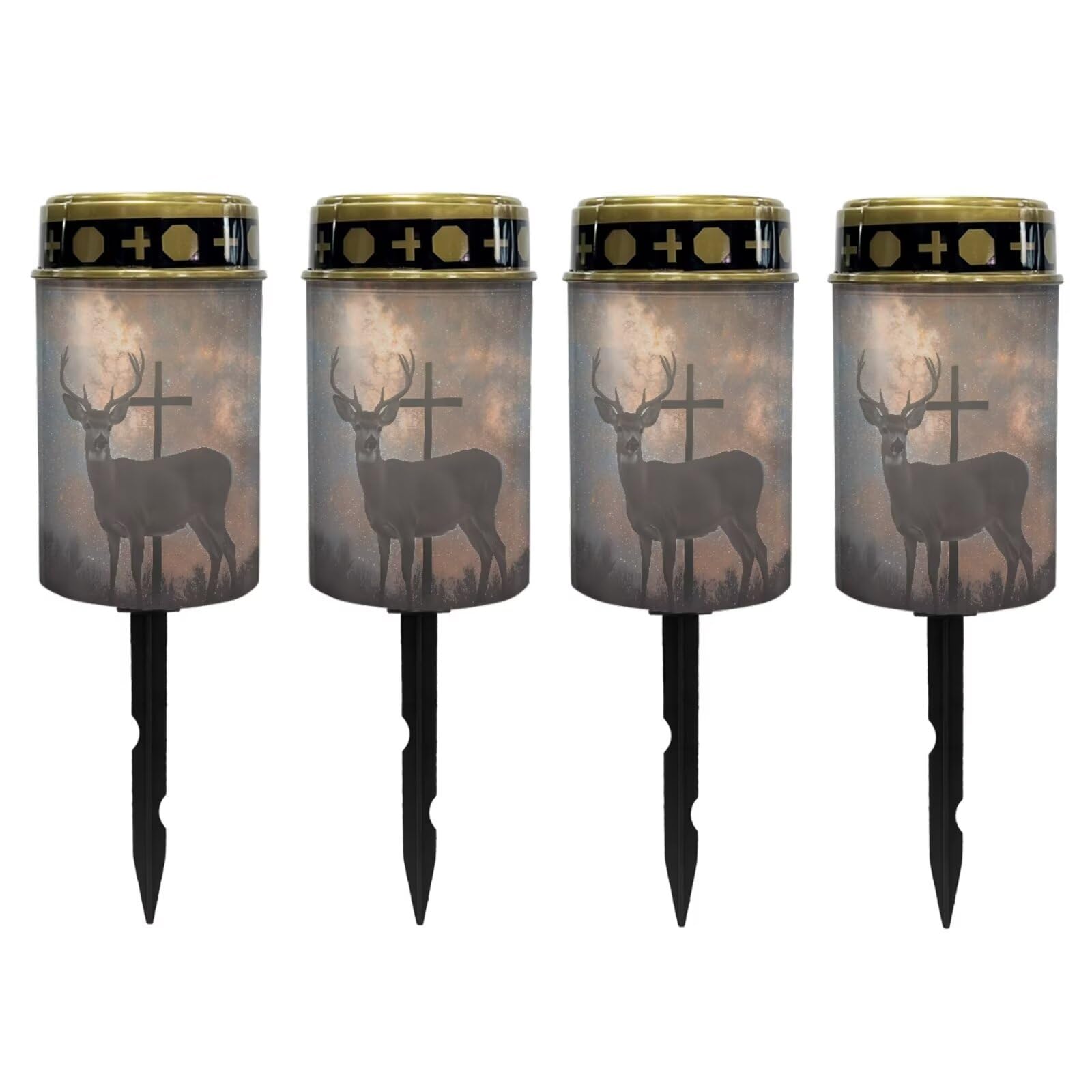 Poceacles Cross Outdoor Solar Lights Set of 4 Waterproof Outdoor Lights Solar Powered Solar Lantern Light Blessed Candles Cemetery Lights Outdoor Stake for Eternal Decorative, Deer Cross Galaxy