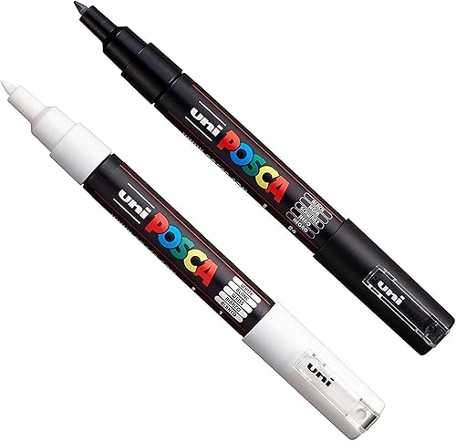 posca Juego de marcadores auténticos, 2 marcadores de pintura de grado profesional blanco y negro con punta extra fina de 3.3 ft