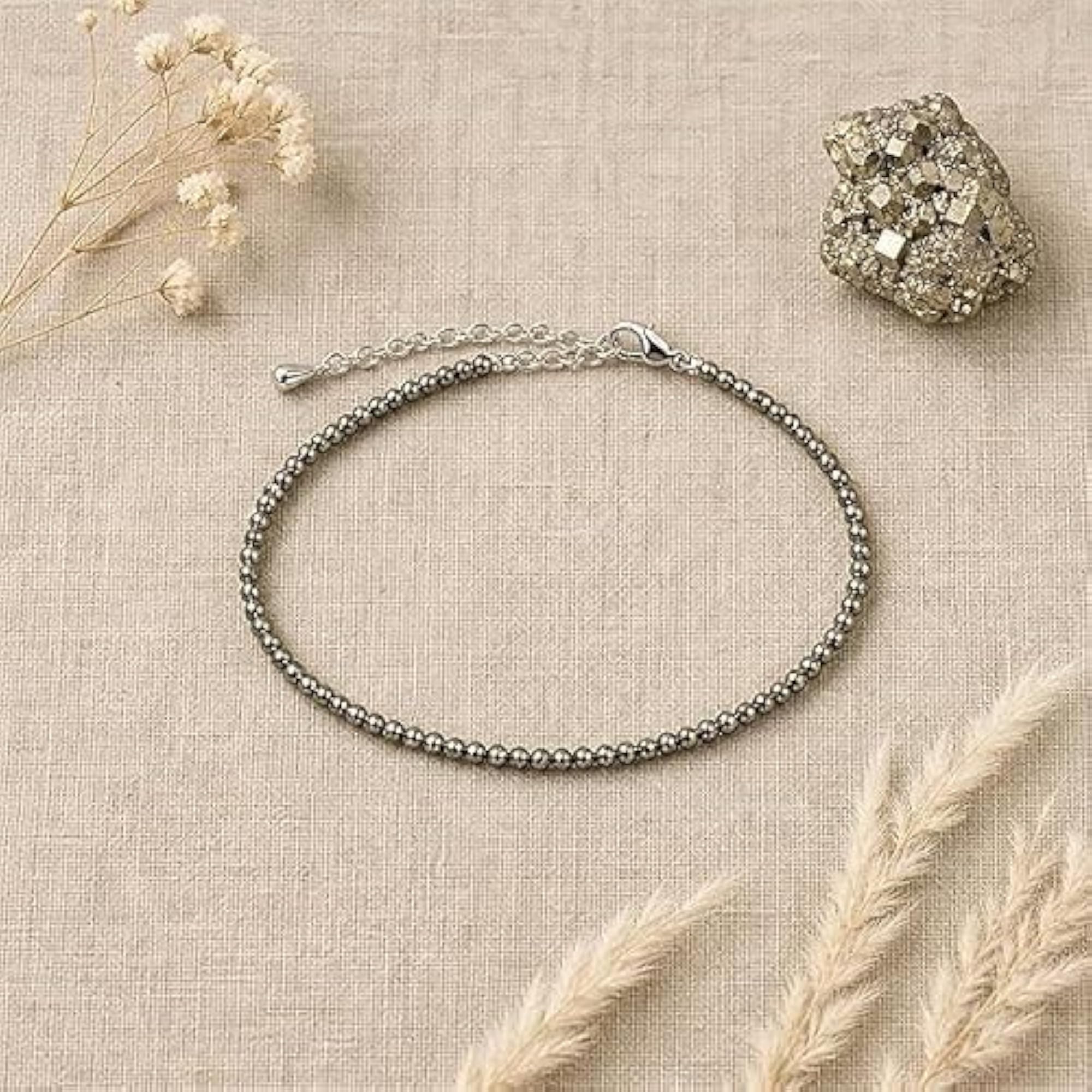 Women's Natural Pyrite Bead Anklet with Adjustable Chain