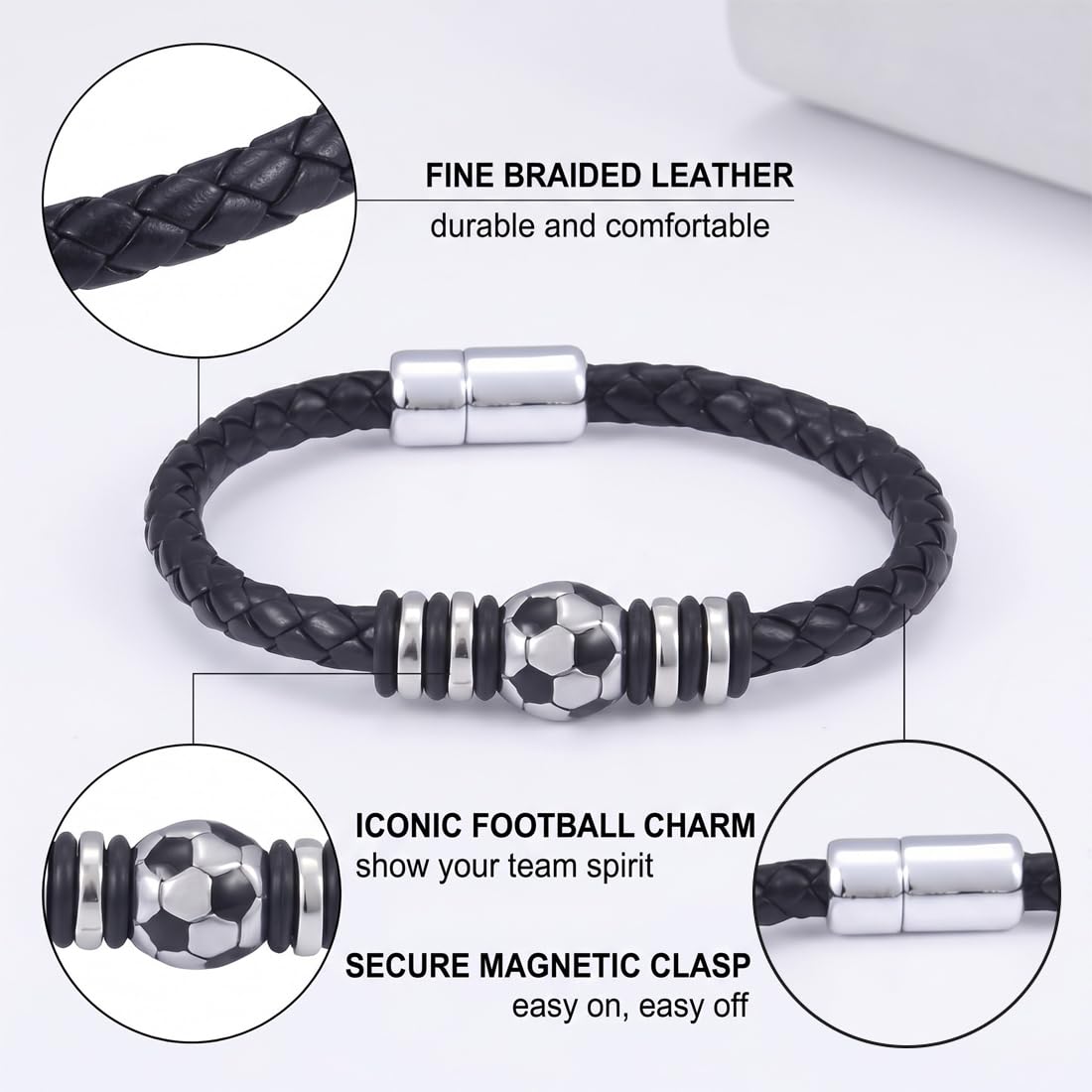 GXGM Bracciale da Calcio per Ragazzi e Calcio, Moda Regolabile Intrecciato Calcio Goccia Braccialetto Calcio in Acciaio Inox Bambini