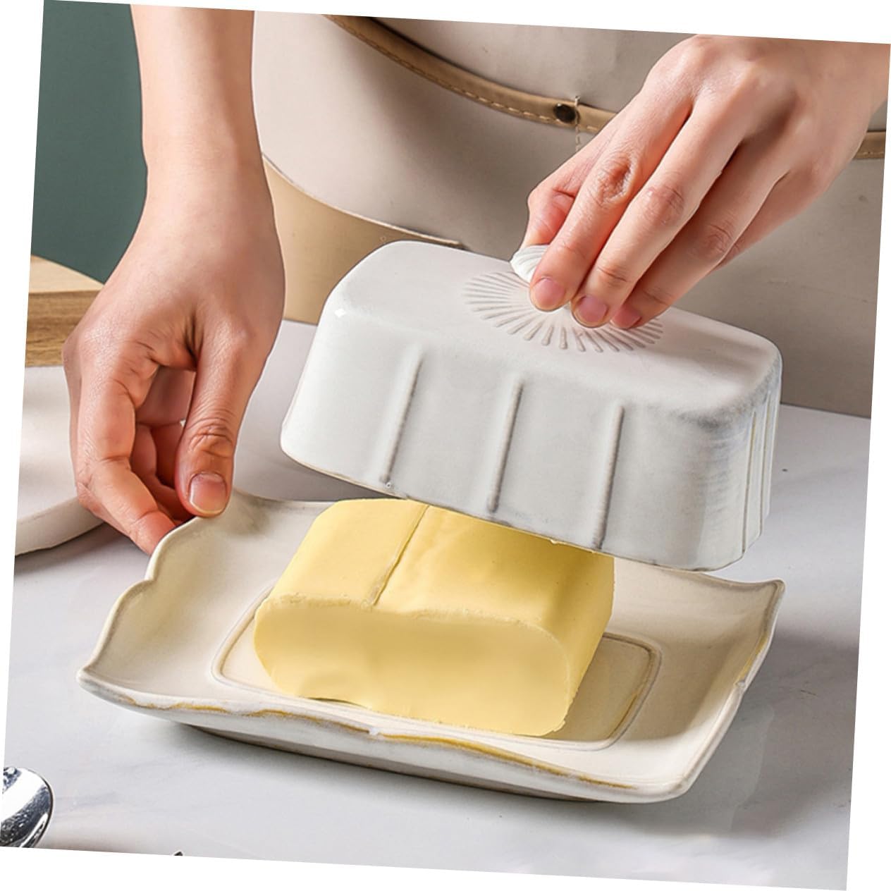 Uonlytech Ceramic Butter Container with Lid for Serving Cheese and Snacks Smooth Delicate Food Plate for Butter Sticks Cakes Bread and Desserts Stylish White Snack Service Dish for Home and