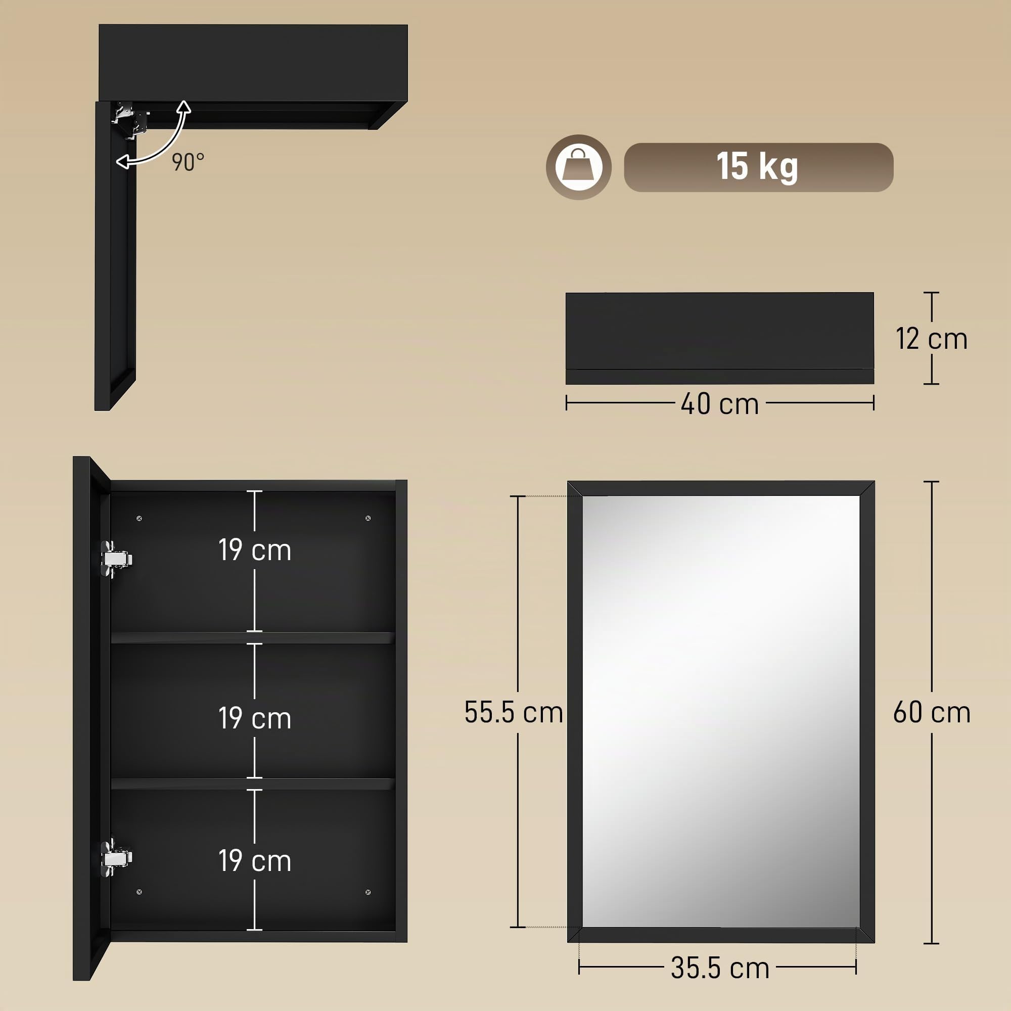kleankin Specchiera Bagno in Acciaio con Armadietto a 3 Ripiani, Pensile Bagno con Chiusura Ammortizzata, 40x12x60cm, Nero