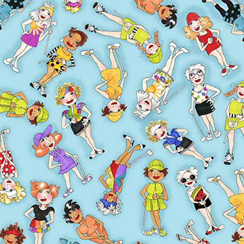 Tossed Golfer Girls Turquoise Fabric Yard