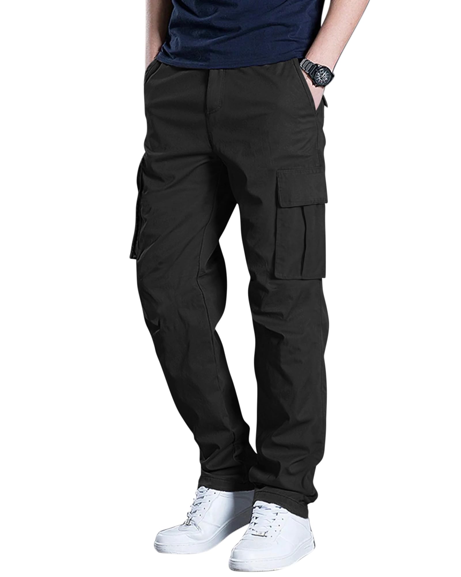 Mens Cargo Pants Stretch Sweatpants Elastic Drawstring Casual Workout Joggers Hiking Tactical Pants with 6 Pockets