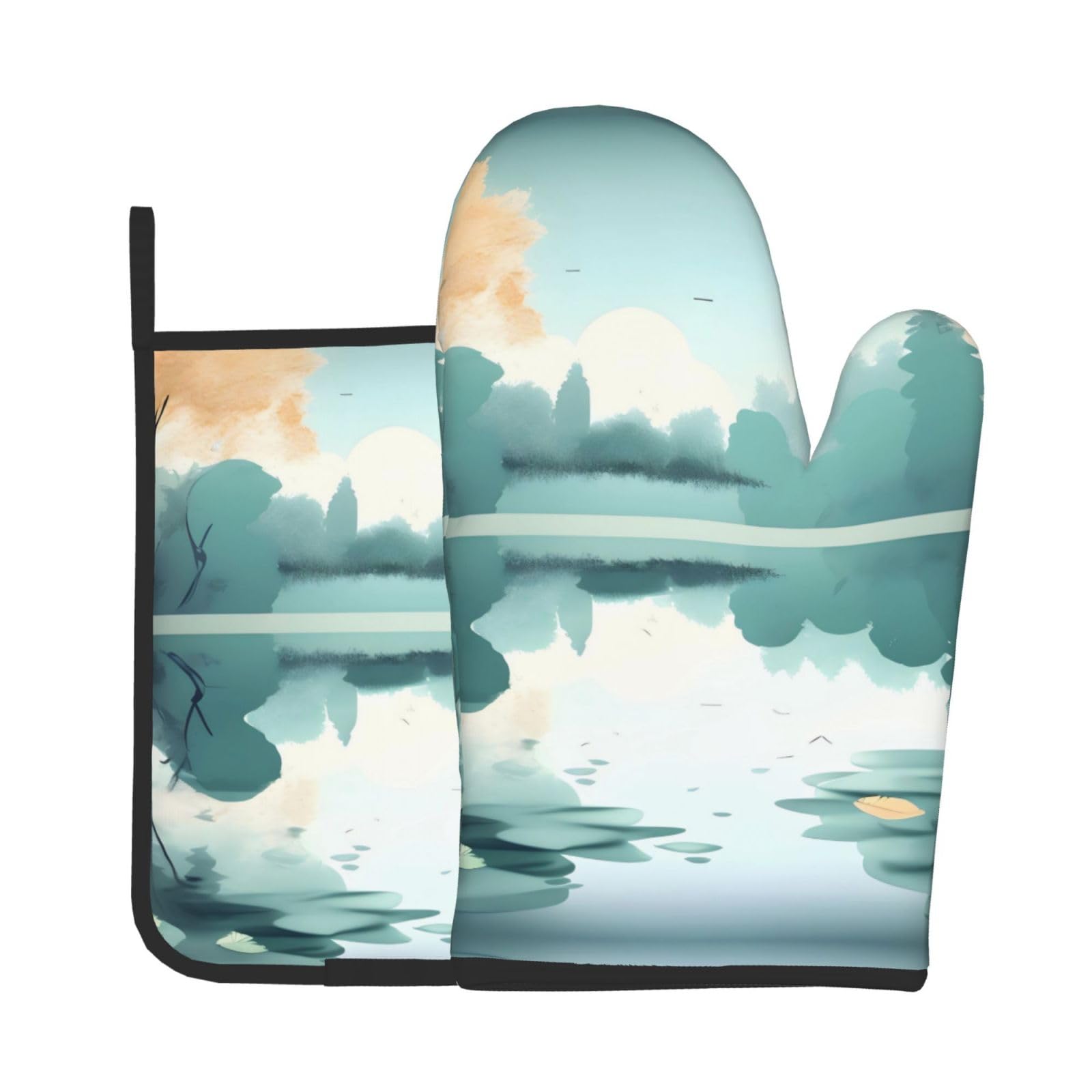 Oven Mitts and Potholders Set of 2 for Kitchen Baking Cooking GrayFallen Leaves on a Tranquil Lake Thick and Durable