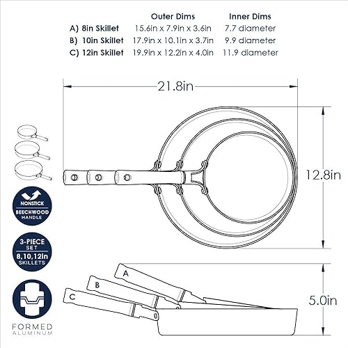 Miniatura 5 de Nordic Ware Cardamom - Juego de sartenes antiadherentes de cerámica de 3 piezas, incluye 8 pulgadas, 10 pulgadas y 12 pulgadas