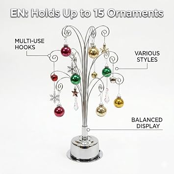 HOHIYA 16.75 Rotating Ornament Display Tree Stand Silver 15 Hooks