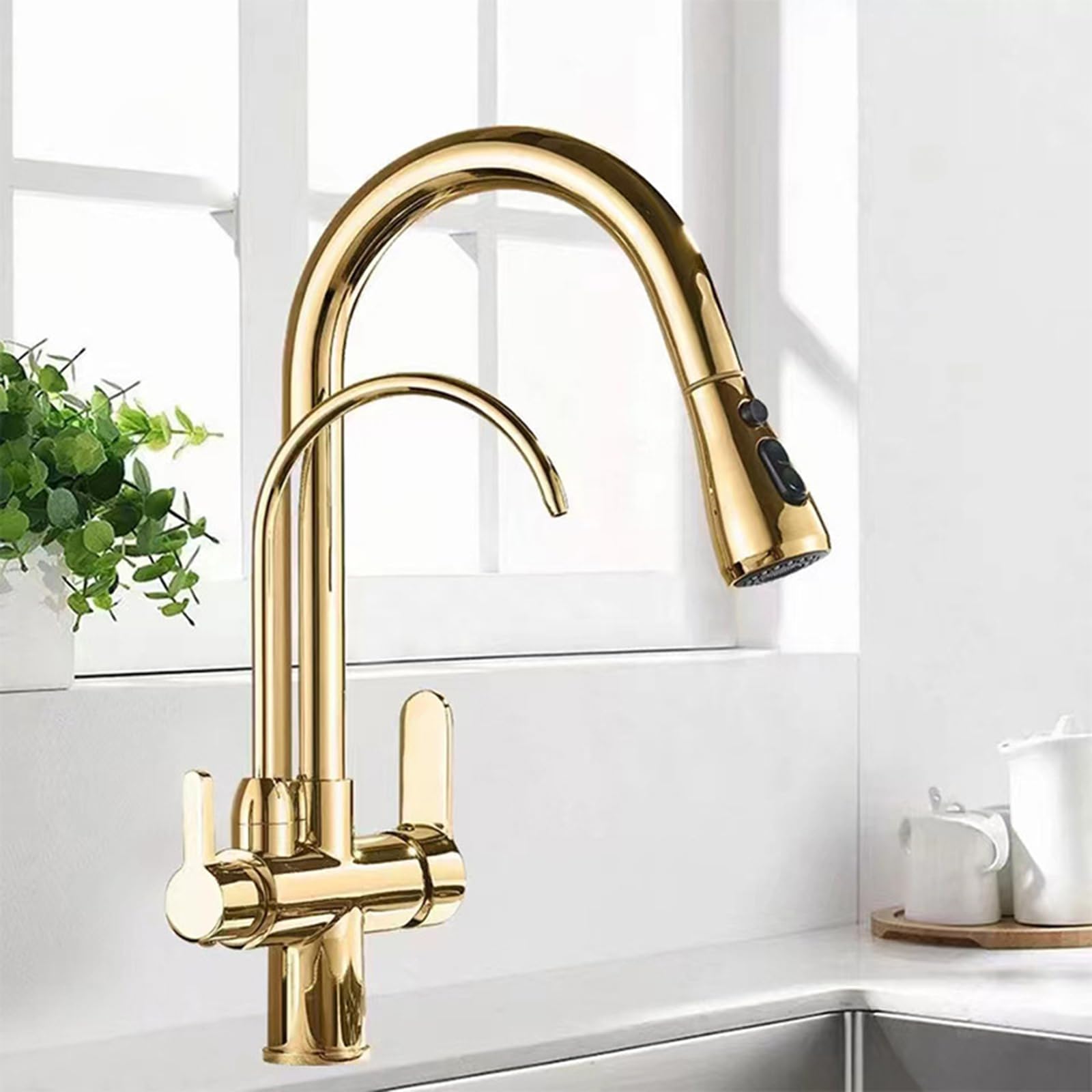 ZYCHSJXA 3 Way Kitchen Tap with Pull Out Sprayer Gold Gooseneck Mixer Taps Spray Drinking Water Faucet