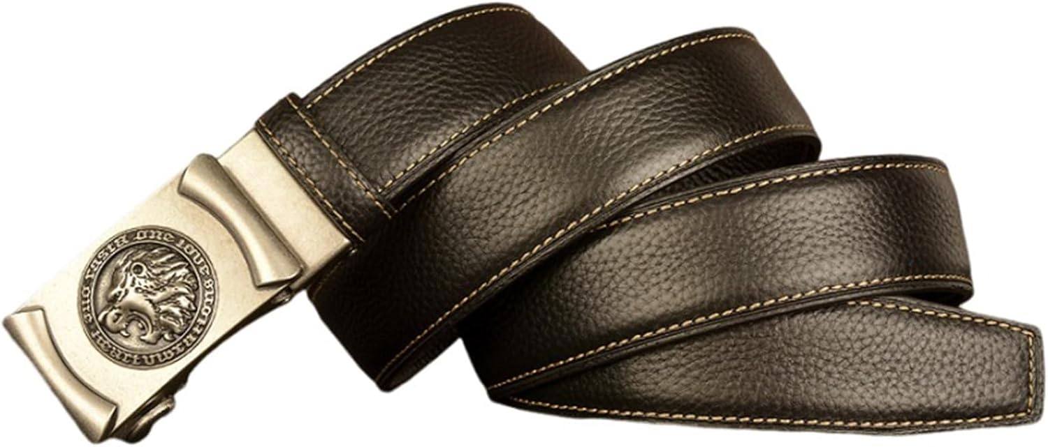 Men Ratchet Dress Black Belt with Roaring Lion's Head Decorative Stereoscopic Automatic Click Buckle Replaceable(115cm/45, Silver)