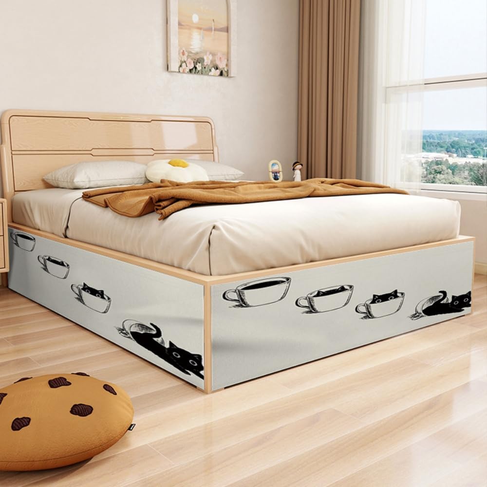 Bed Skirts Super King Double Single Size, Bed Sheet with Hook and Loop Tape Self Adhesive - No Drilling Is Required Hide Away Short Curtains 30-50 cm Drop (Black Cat1,W50x H 30cm)
